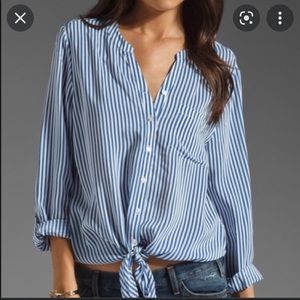 Joie Silk Striped Grey Button Up Front Tie Blouse XS